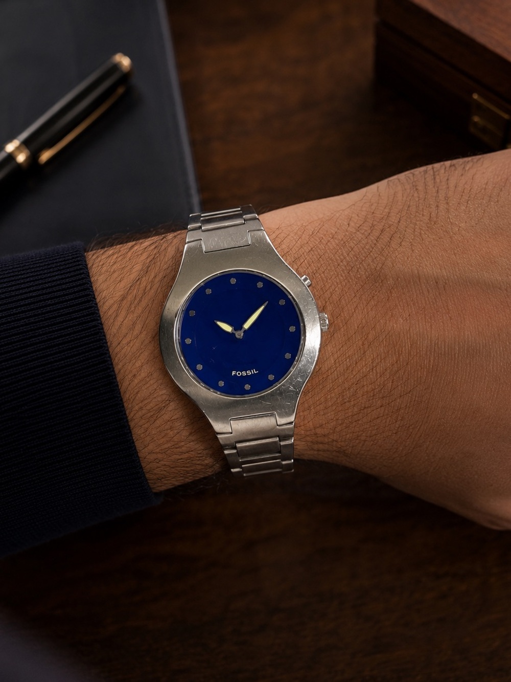 Fossil Men's Stainless Steel Watch — Blue Dial and Silver Bracelet